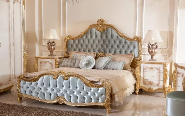 Lit et tête de lit classique crème Hk İnci Gold (sans sommier)