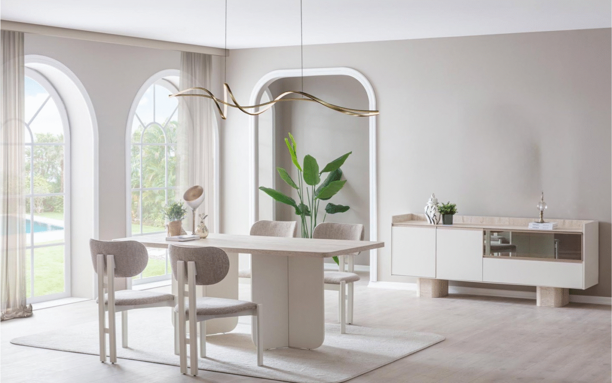 Modern çizgilerle tasarlanan yemek odası takımı, konsol ve masa detaylarıyla evinize prestij kazandırır.