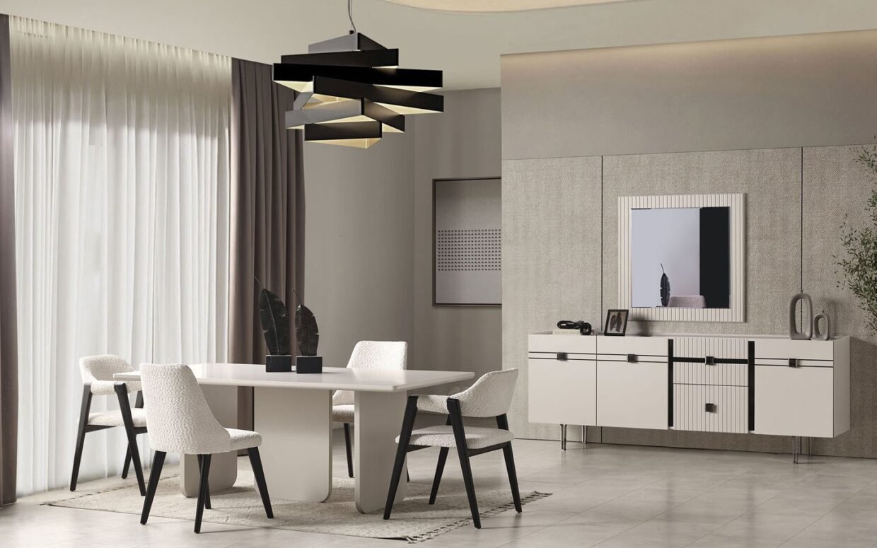 Modern tasarımlı masa ve konforlu sandalyeleriyle Özbay Mobilya, yemek odalarına lüks bir dokunuş kazandırıyor.