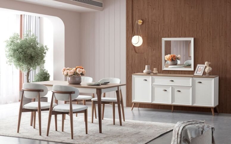 4-6 kişilik oturum kapasitesiyle hem şık hem fonksiyonel modern yemek odası takımı.