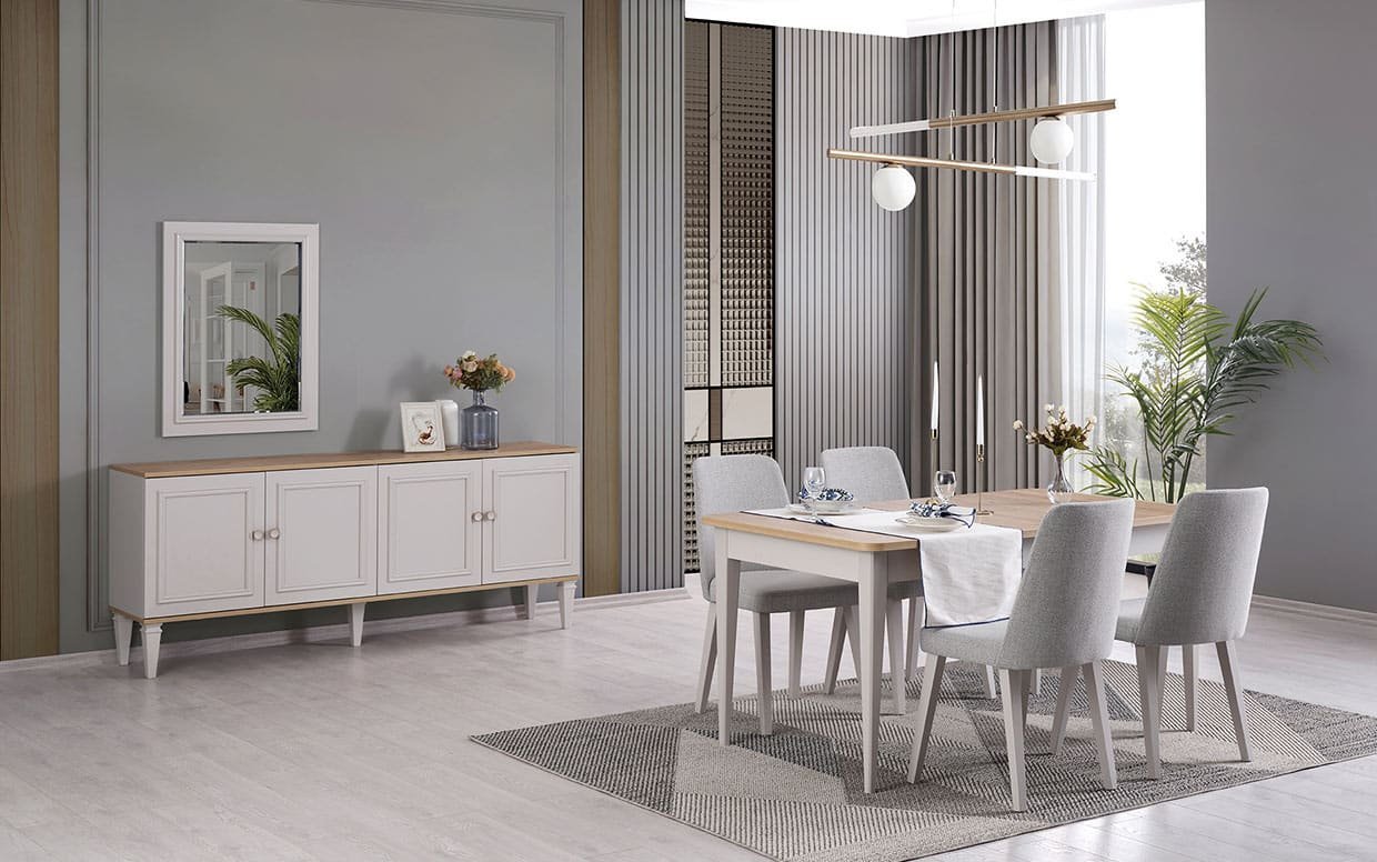 Şık detaylarıyla öne çıkan modern yemek odası, hem işlevsel hem de estetik bir tercih.
