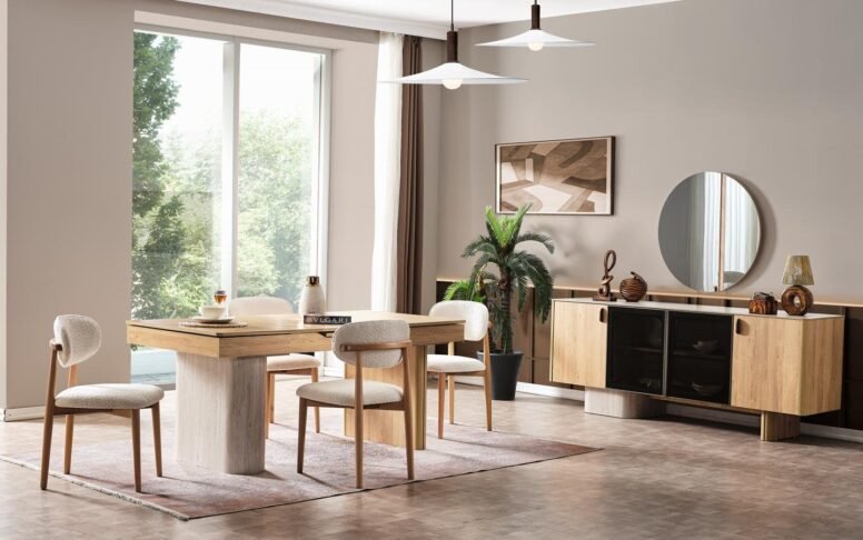 Her detayında estetik ve konfor! Masa, konsol, sandalye uyumuyla modern yemek odası takımı.