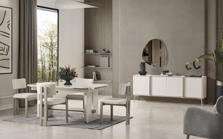 5 şube güvencesiyle üretilen yemek odası takımı; masa, konsol ve sandalyeleriyle kusursuz bir uyum sunar.