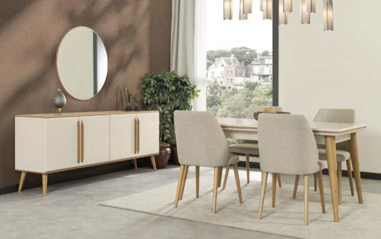 Şık tasarımıyla dikkat çeken yemek odası takımı, konsol ve açılır masasıyla işlevselliği bir araya getirir. Avrupa standartlarında uzun ömürlü kullanım sunar.