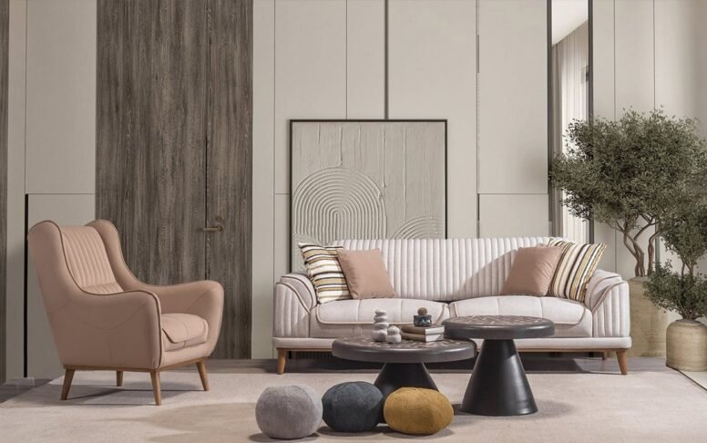 Gürgen kasası ve zarif kumaş dokusuyla uzun ömürlü koltuk takımları Özbay Mobilya mağazalar zincirinde.