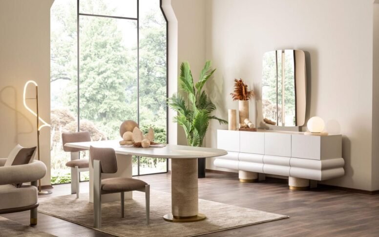 Zarif detaylarla tasarlanan masa ve konsol, yemek odanıza sade bir lüks katar.