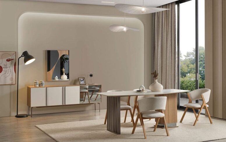 Modern ve zarif hatlara sahip bu yemek odası, konforu ve estetiği buluşturur.