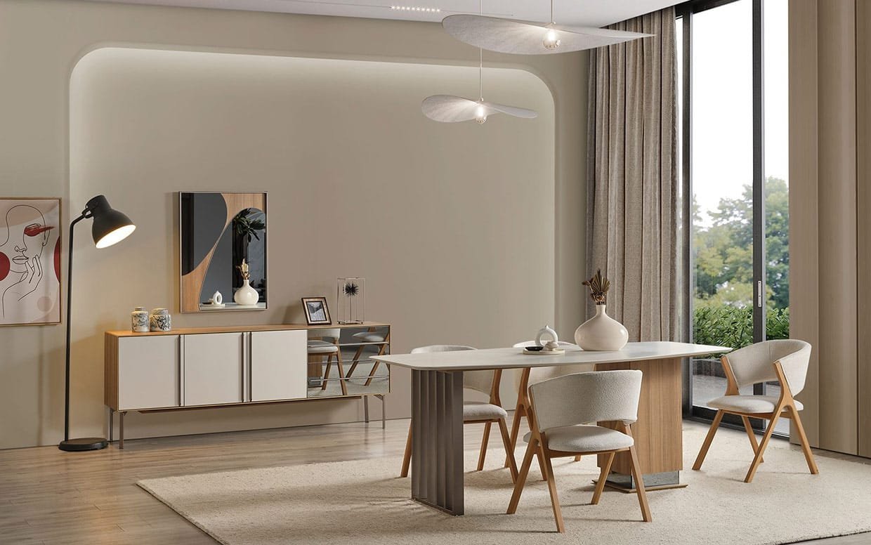 Modern ve zarif hatlara sahip bu yemek odası, konforu ve estetiği buluşturur.