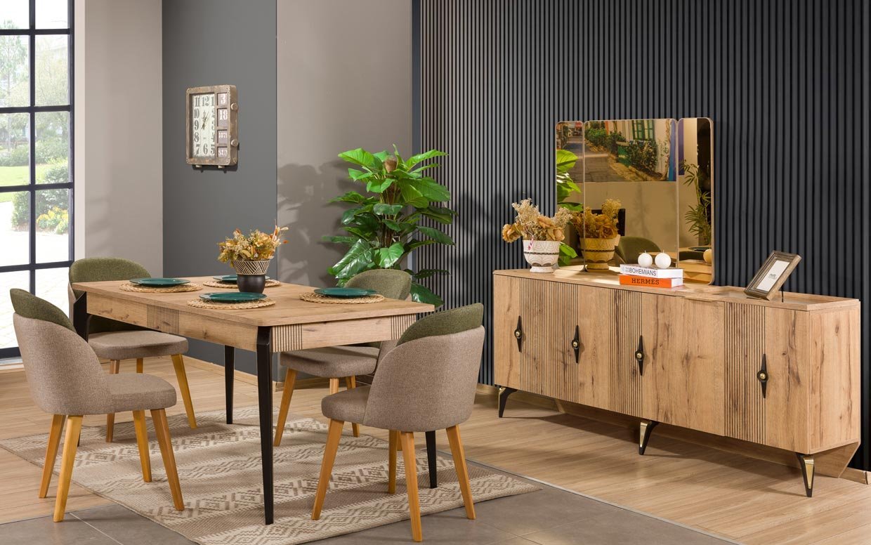 Şık detaylarıyla öne çıkan modern yemek odası, hem işlevsel hem de estetik bir tercih.