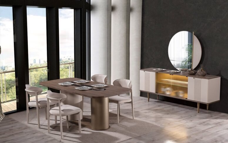 Şık konsolu ve rahat sandalyeleriyle modern yaşam alanlarına özel yemek odası takımı.