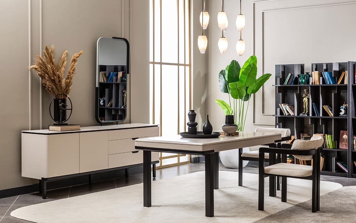 Açılır masasıyla kalabalık sofralar için ideal, modern ve lüks yemek odasıyla tarzınızı yansıtın.