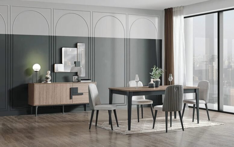 Geniş masası, şık konsolu ve konforlu sandalyeleriyle modern yemek odası takımı. Türkiye ve Avrupa’ya sevkiyat!