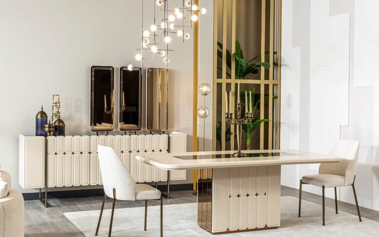 Açılır masa fonksiyonu ve zarif tasarımıyla modern yemek odası, kullanışlı ve şık bir seçim.