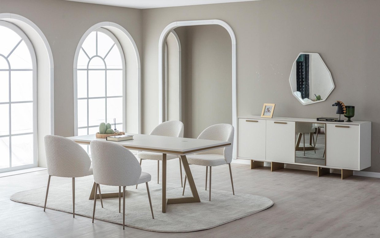 Her köşesinde zarafet! Masa, konsol ve sandalyeleriyle uyumlu modern yemek odası takımı.