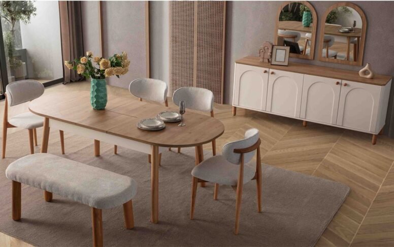 Geniş masası ve estetik konsoluyla modern yemek alanları için mükemmel bir tercih.