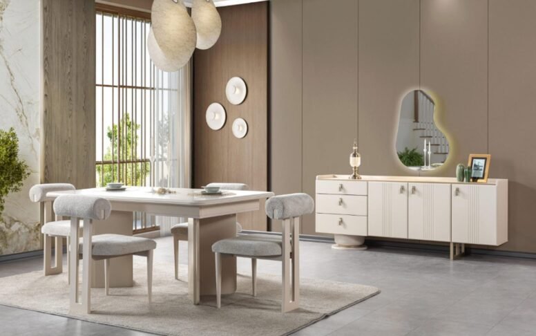 ISO 9001 kalite standartlarında üretilen modern yemek odası takımı, açılır masa fonksiyonuyla her ortama uyum sağlar. 4-6 kişilik kapasitesiyle ideal seçimdir.