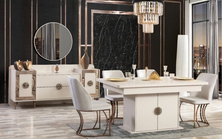 Sade ama etkileyici çizgilerle tasarlanan modern yemek odası, evinize lüks bir dokunuş katar.