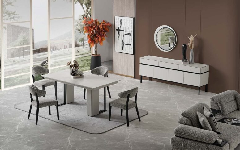 Modern dekorasyonlara mükemmel uyum sağlayan bu takım, doğal tonları ve kaliteli malzemesiyle uzun ömürlü kullanım sunar.