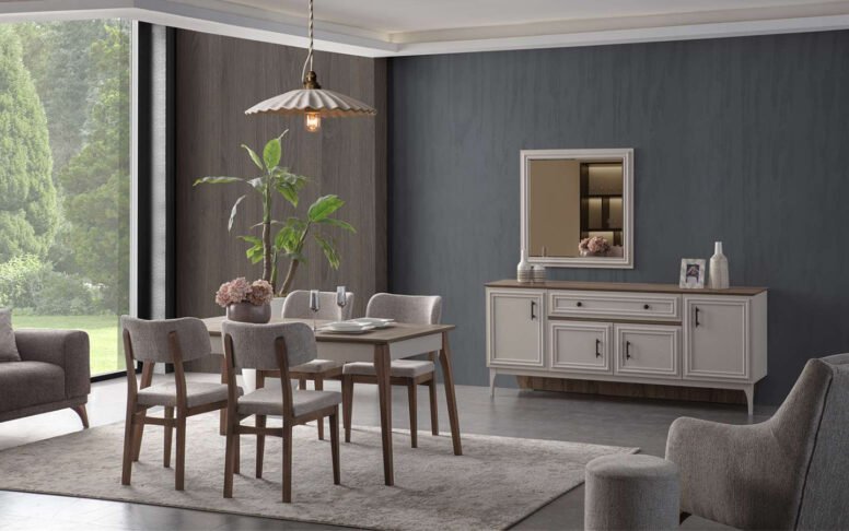 Modern çizgilere sahip bu yemek odası takımı, sade tasarımıyla evinize zarif bir atmosfer kazandırır. Ahşap detaylar ve yumuşak tonların uyumu, doğal ve sıcak bir görünüm oluşturur. Özbay Mobilya kalitesiyle üretilen takım, estetik ve konforu bir arada sunar.