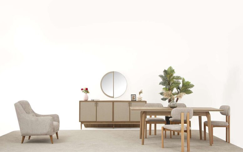 Doğallığı ve sadeliği bir araya getiren bu yemek odası takımı, minimal tarzı sevenler için ideal bir seçenektir. Açık ahşap tonları ve yumuşak kumaş sandalyeleriyle ferah bir görünüm sunar. Özbay Mobilya kalitesiyle üretilen bu takım, modern yaşam alanlarına sıcak ve huzurlu bir dokunuş kazandırır.